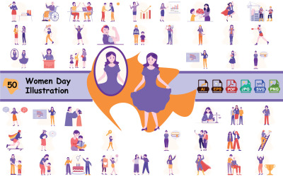 Pacote de ilustrações para o Dia da Mulher Empoderada – Conceito de Igualdade e Personagens do Poder Feminino