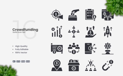 16 Crowdfunding Solid Icons Set Set
