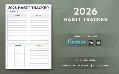 2026 Habit Tracker Template – Printable Planner, Editable Canva Page Template
