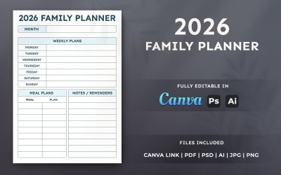 Modello di pianificatore familiare 2026: pianificatore stampabile, organizzatore, layout Canva modificabile