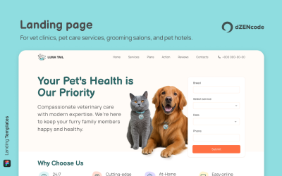Luna Tail – Modello di interfaccia utente per landing page per cliniche veterinarie e per la cura degli animali.