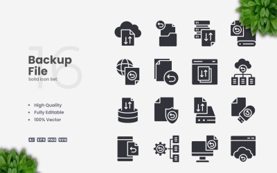 Conjunto de 16 ícones sólidos de arquivo de backup