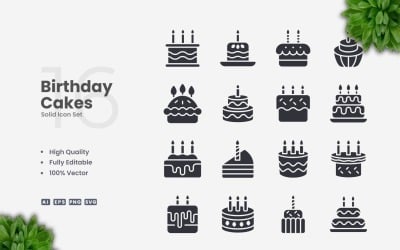 16 Birthday Cakes Solid Icons Set