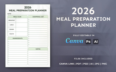 2026 Meal Preparation Planner Template – Printable Organizer, Editable Minimal Layout