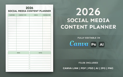 2026 Social Media Content Planner – Printable Organizer Template, Modern Editable Design