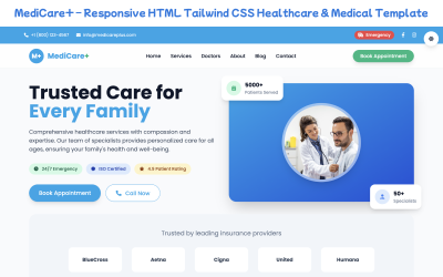 MediCare+ – Responsiv HTML Tailwind CSS Mall för hälso- och sjukvård