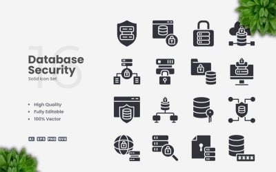 Conjunto de 16 iconos sólidos de seguridad de bases de datos
