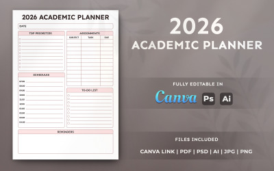 2026 Academic Planner Template – Education Organizer, Printable Minimal Page Layout Design