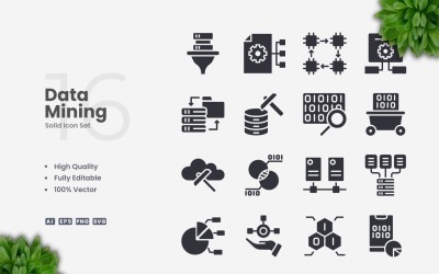 Set di 16 icone solide per il data mining