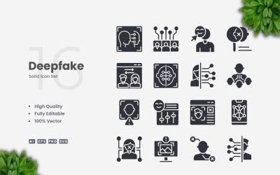 Conjunto de 16 iconos sólidos para deepfake