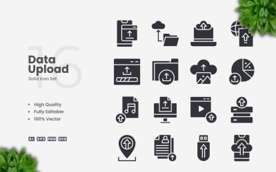 16 Data Upload Solid Icons Set