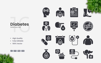 Set di 16 icone solide per il diabete