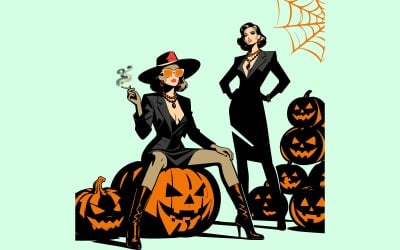 Elegant Witch Fashion Halloween Illustration with Pumpkins and Mysterious Style Vector Art