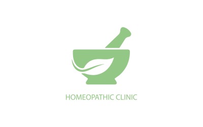 Homeopathic clinic logo with mortar and pestle and leaf
