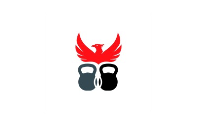 Piros főnixmadár két kettlebell felett, elszigetelt fehér alapon