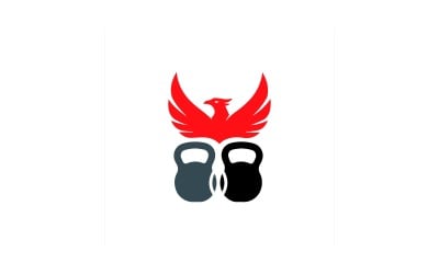 Uccello fenice rosso sopra due kettlebell isolato su sfondo bianco
