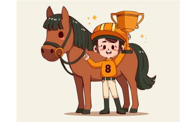Cartoon Girl Holding a Trophy and Her Horse
