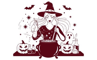 Glamour Witch Cooking Magic in Cauldron  Halloween Vector