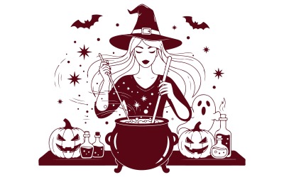 Glamouröse Hexe kocht Magie im Kessel – Halloween-Vektor