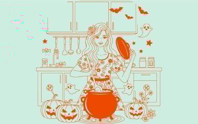 Halloween Cooking Girl Vector | Stylish Spooky Chef Black and White Illustration
