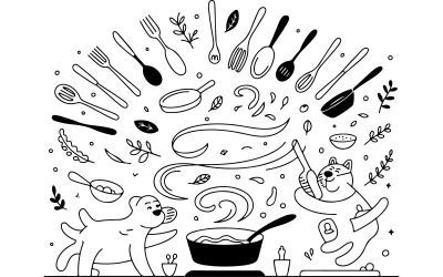 Illustrazione astratta della cucina con elementi alimentari, disegno vettoriale