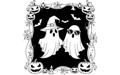 Moldura vetorial dupla fantasmagórica chique em preto e branco para o Halloween, estilo desenho animado.
