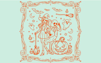 Snygga häxkonstverk med Halloween-motiv för klädaffischer och festlogotyper