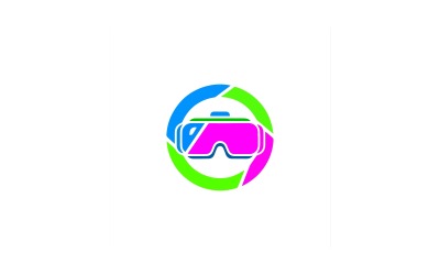 Virtual reality headset logo with colorful swirling circle, isolated on white background