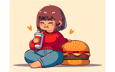 Rajzfilm lány ül a hamburger mellett