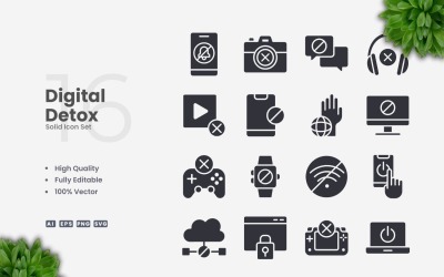 Conjunto de 16 ícones digitais sólidos para desintoxicação