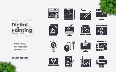 16 Digital Painting Solid Icons Set