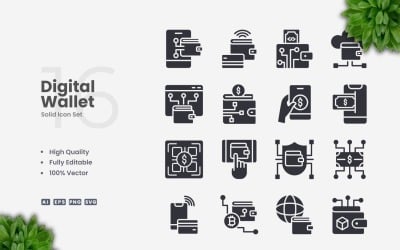 16 Digital Wallet Solid Icons Set