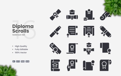 16 Diploma Scrolls Solid Icons Set
