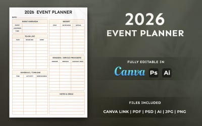 2026 Event Planner Template – Business Organizer, Minimal Printable Planner Page Design