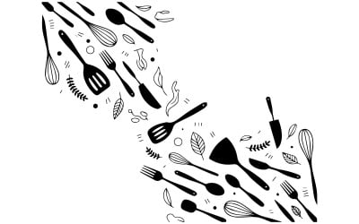 Black and White Abstract Kitchen Illustration with Cooking Elements and Utensils for Culinary