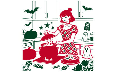 Chef strega che cucina zuppa di strega Cibo di Halloween Arte grafica