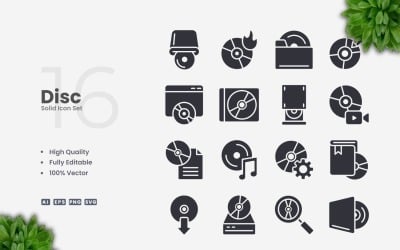 Colección de 16 iconos sólidos de discos