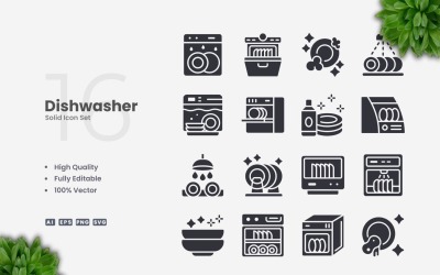 16 Dishwasher Solid Icons Set