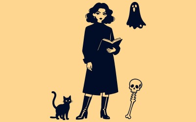 Söt Halloween-häxafigurset med kusliga kostymer och tillbehör för festlig grafisk design