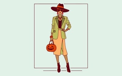 Vintage Glam Witches Halloween Scene with Pumpkins High Quality Vector