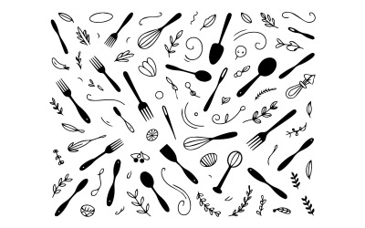 Fondo de cocina con elementos culinarios y utensilios de cocina en blanco y negro para diseño de alimentos