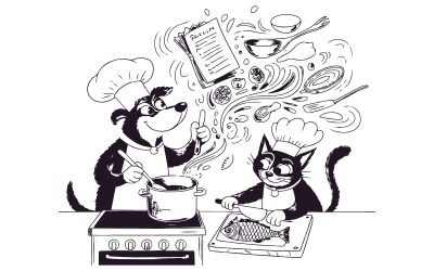 Pacchetto logo con illustrazione di cucina per il marchio di un negozio di animali moderno
