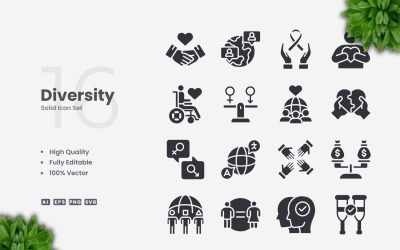 Ensemble de 16 icônes solides sur le thème de la diversité