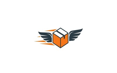 Logo van snelle bezorgservice met gevleugelde doos geïsoleerd op een witte achtergrond