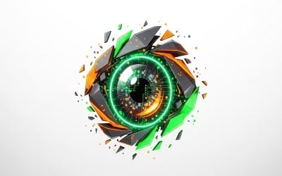 Abstract futuristic eye with neon green ring shattering on white background