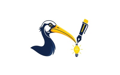 Bird head logo with long beak writing a glowing lightbulb idea isolated on white background