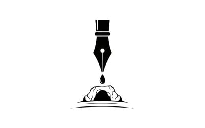 Black and white icon of a fountain pen nib dripping ink onto a small rock formation