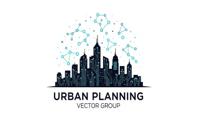 City skyline with digital network overlay for urban planning concept vector logo