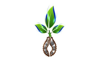 Germoglio verde che cresce dalle radici degli ingranaggi meccanici, simbolo di eco-tecnologia e sostenibilità