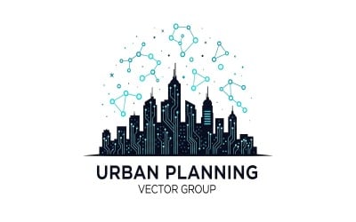 Logo vectoriel représentant une silhouette de ville avec superposition de réseau numérique, concept d&amp;#39;urbanisme